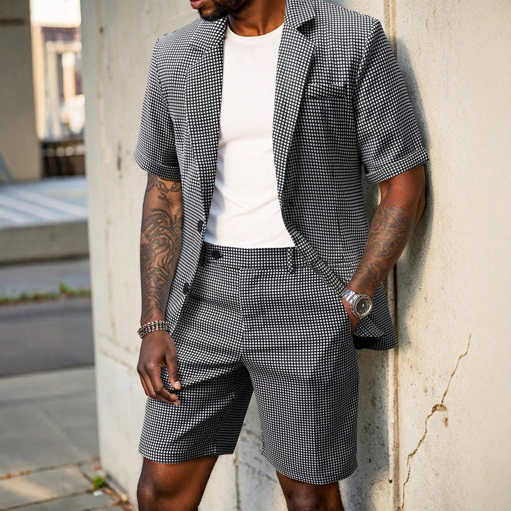 Men's Check Two-Piece Set Short Sleeve Blazer and Matching Shorts – Fenro