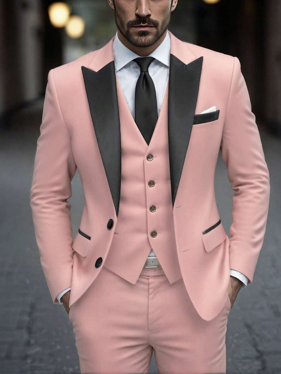 Contrast lapel three-piece suit set in black – TARLANO