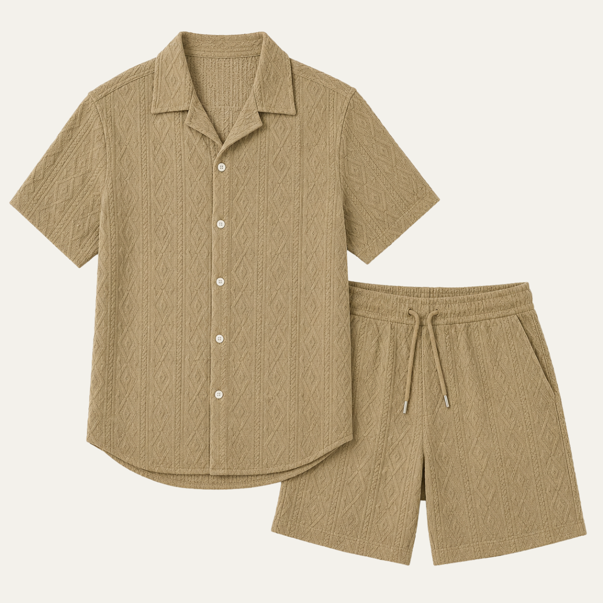 Knitted co-ord set in khaki with camp collar shirt and matching shorts – TARLANO