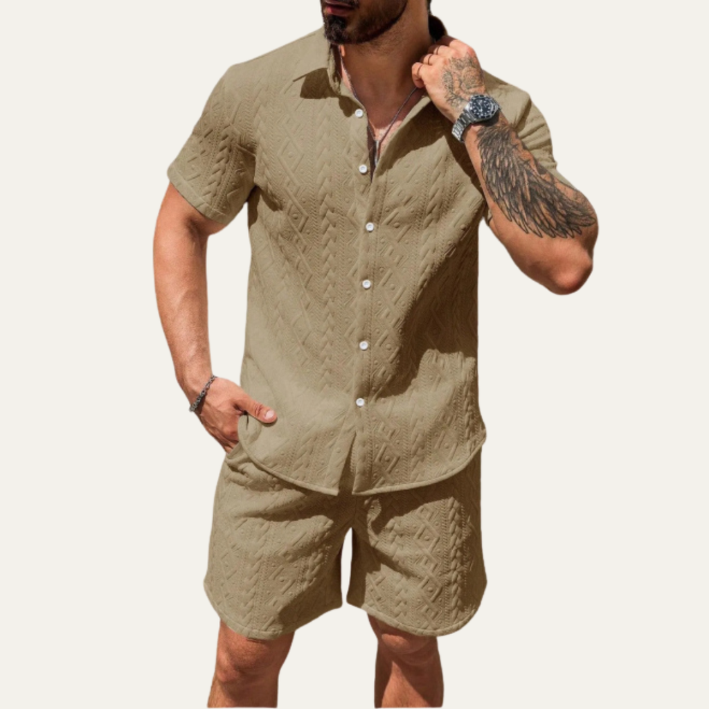 Model wearing knitted co-ord set in khaki – TARLANO
