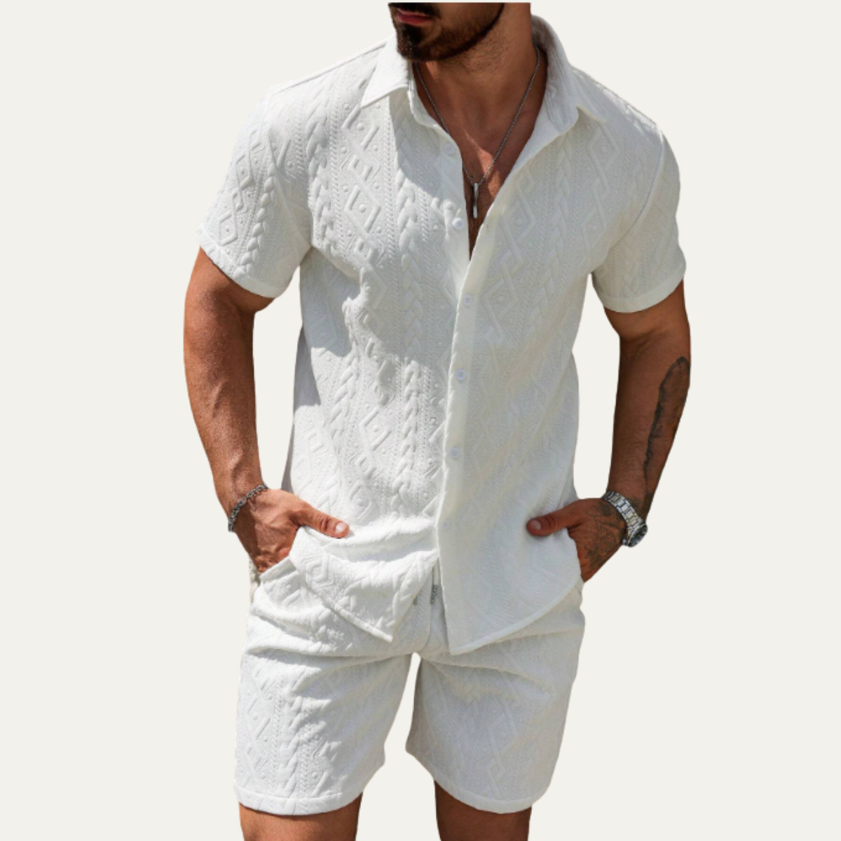 Mens Co Ord Set Knitted Camp Collar Shirt and Shorts – Ronvel