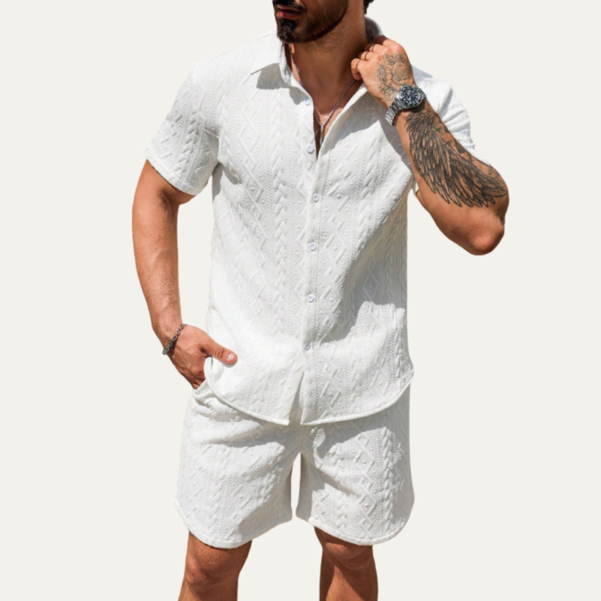 Mens Co Ord Set Knitted Camp Collar Shirt and Shorts – Ronvel