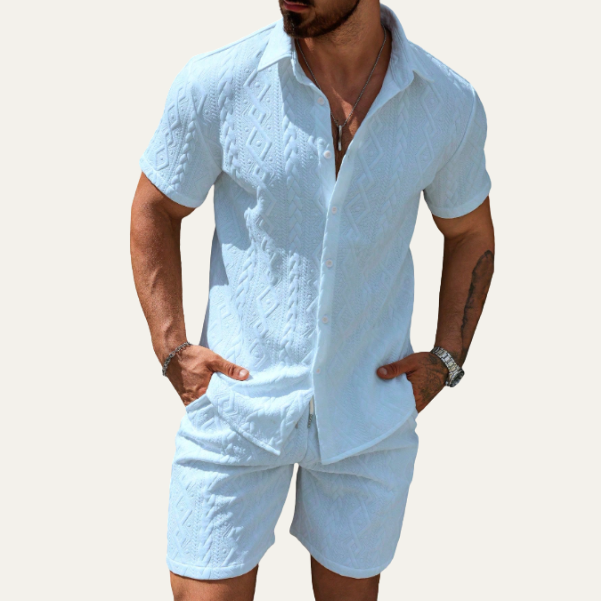 Mens Co Ord Set Knitted Camp Collar Shirt and Shorts – Ronvel