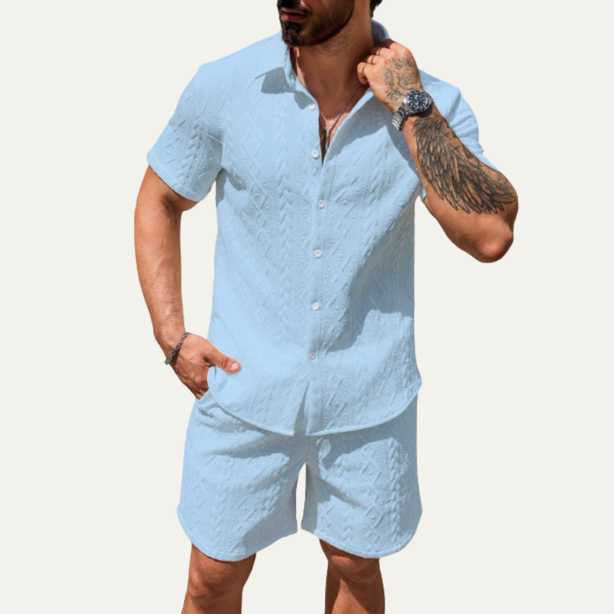 Mens Co Ord Set Knitted Camp Collar Shirt and Shorts – Ronvel