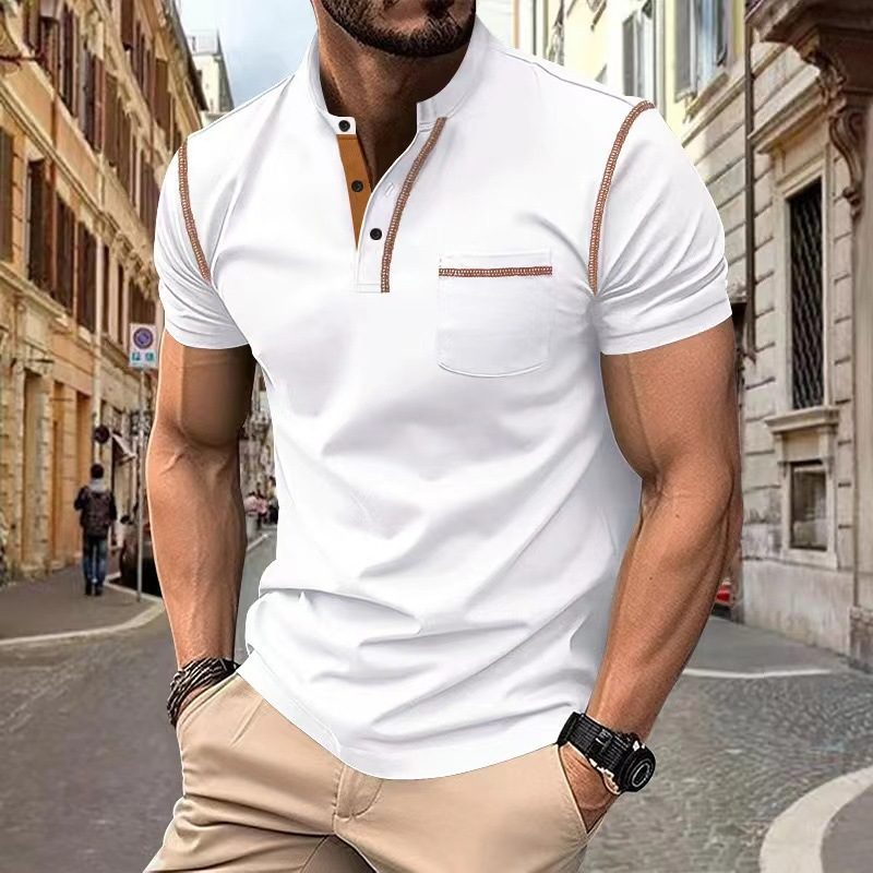 Knit Polo Shirt Band Collar Chest Pocket Short Sleeve – Quay