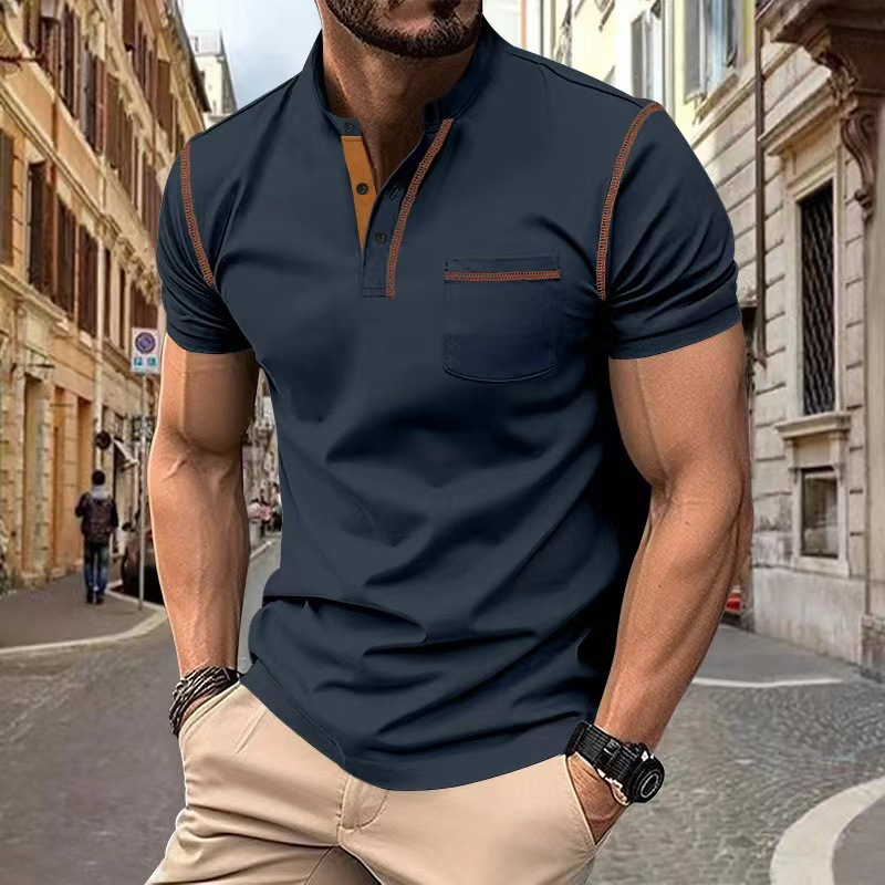 Knit Polo Shirt Band Collar Chest Pocket Short Sleeve – Quay