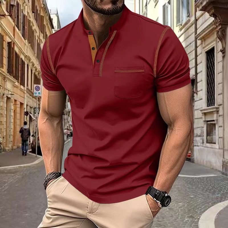 Knit Polo Shirt Band Collar Chest Pocket Short Sleeve – Quay