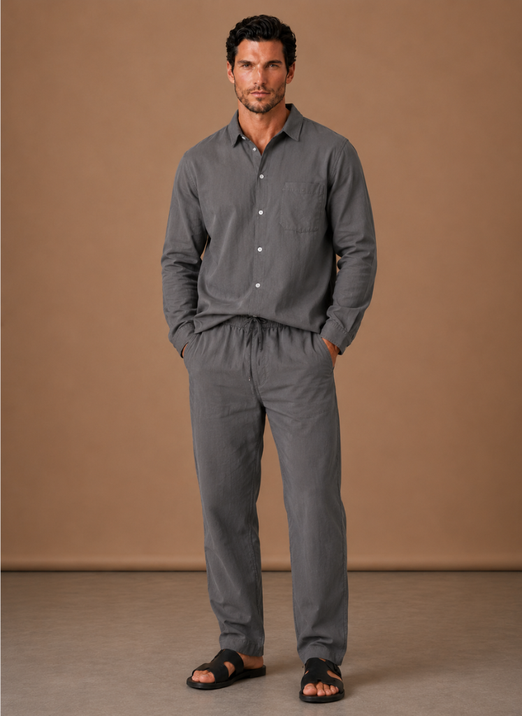 Linen cotton blend two-piece set shirt and trousers in beige – TARLANO
