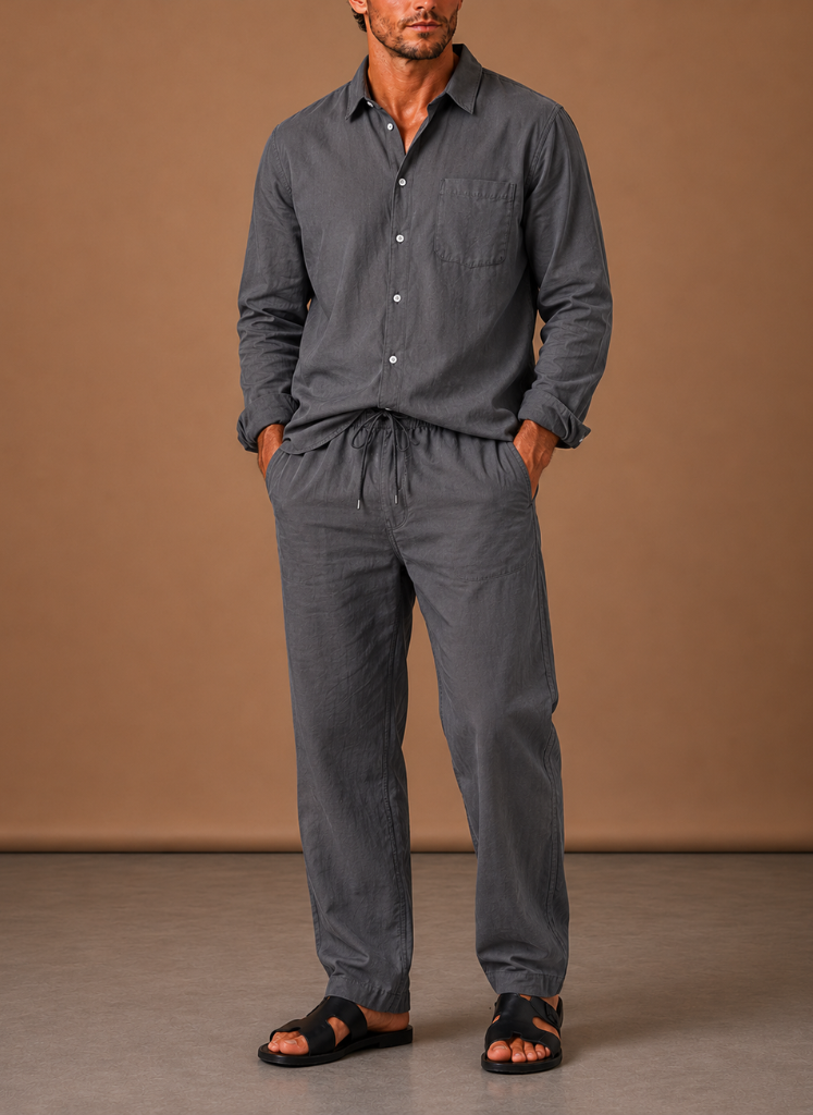 Model wearing linen cotton blend shirt and trousers set in beige – TARLANO