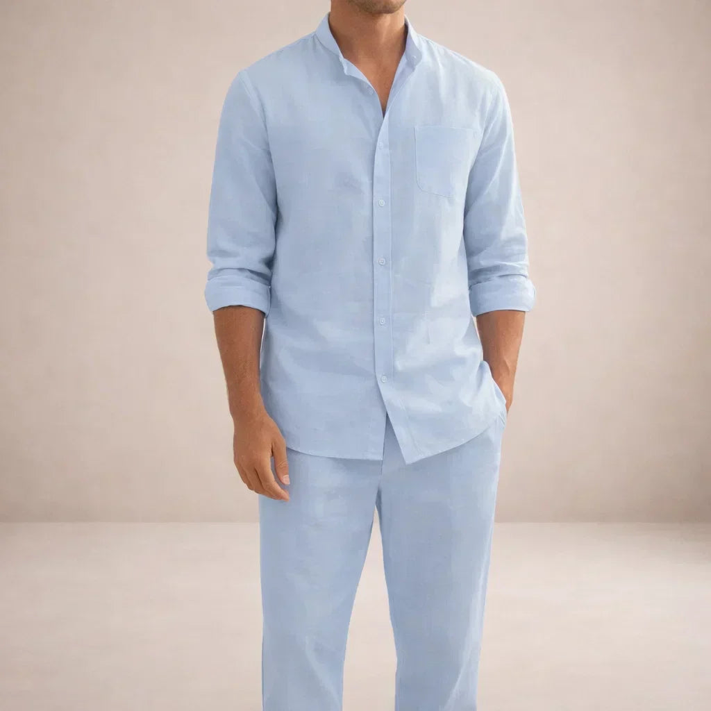 Linen two-piece set with button-front shirt and matching trousers – TARLANO