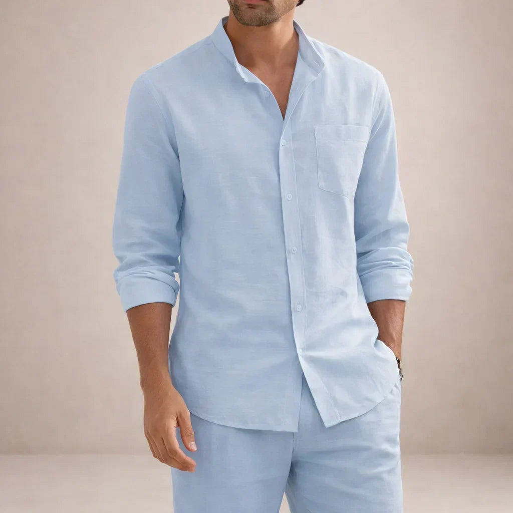 Model wearing linen shirt and trouser set in beige – TARLANO