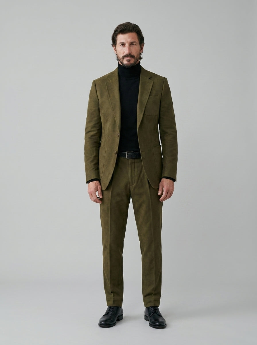Suede-finish two-piece suit set in army green – TARLANO
