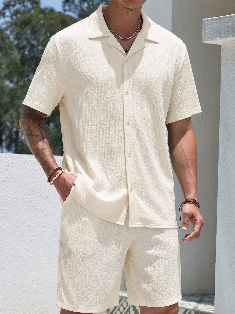 Jacquard short sleeve shirt and shorts set in black – TARLANO