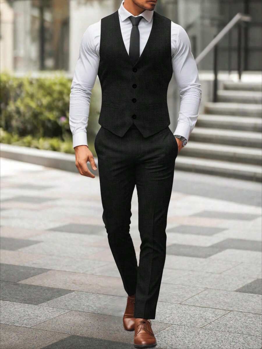 Mens Pant and Vest Set Woven Polyester V-Neck Sleeveless 2-Piece Formal – Galso