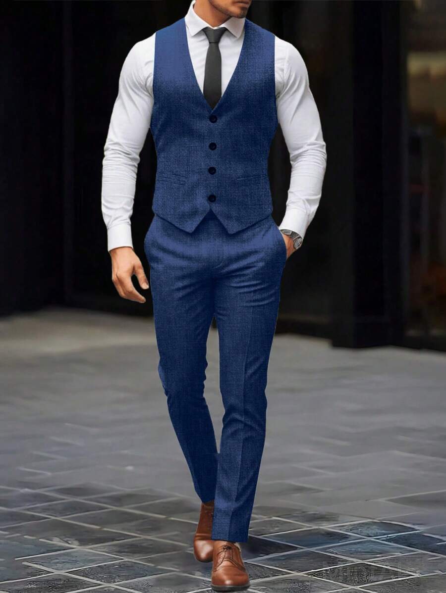 Mens Pant and Vest Set Woven Polyester V-Neck Sleeveless 2-Piece Formal – Galso