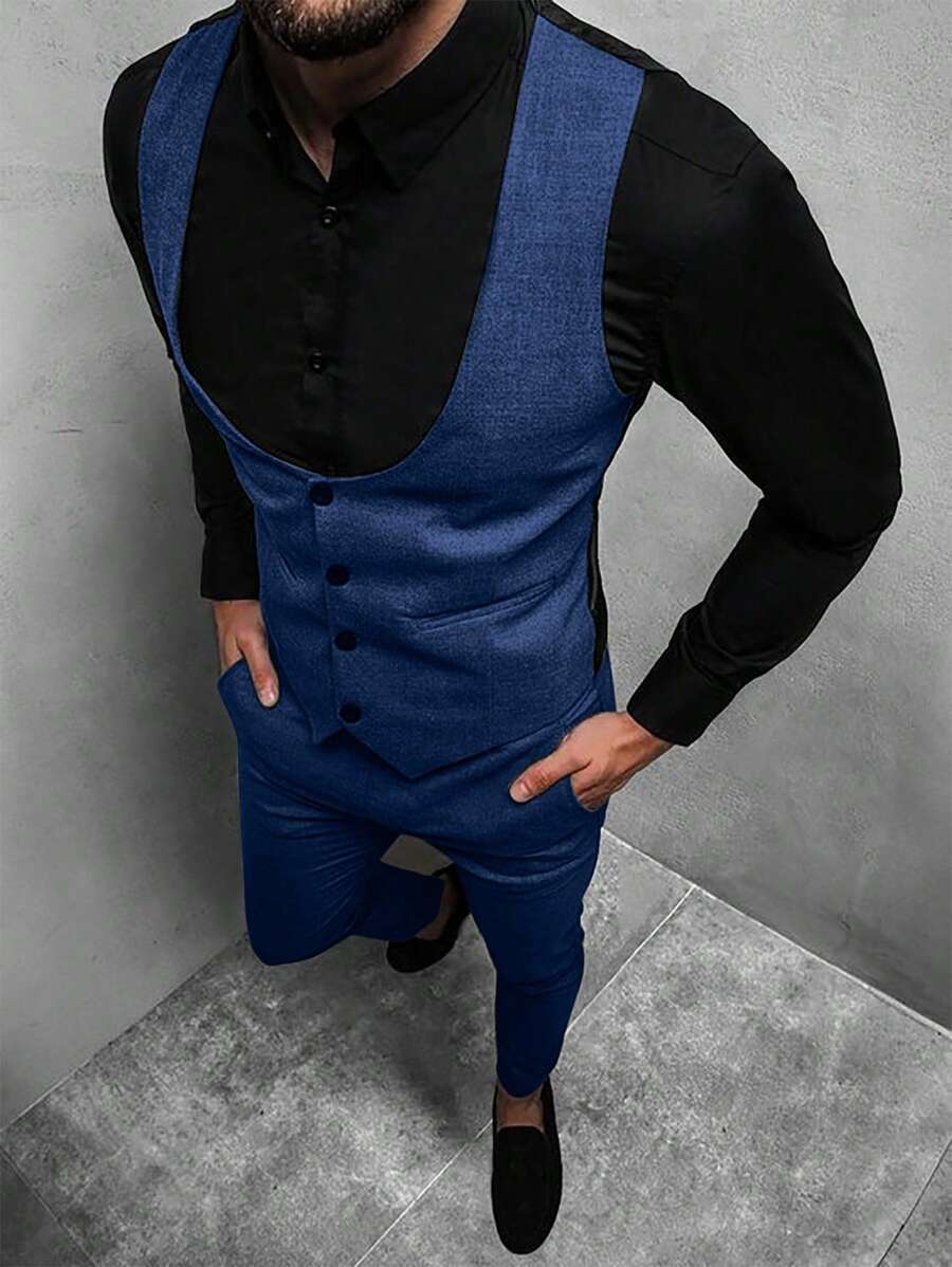 Mens Pant and Vest Set Woven Polyester V-Neck Sleeveless 2-Piece Formal – Galso