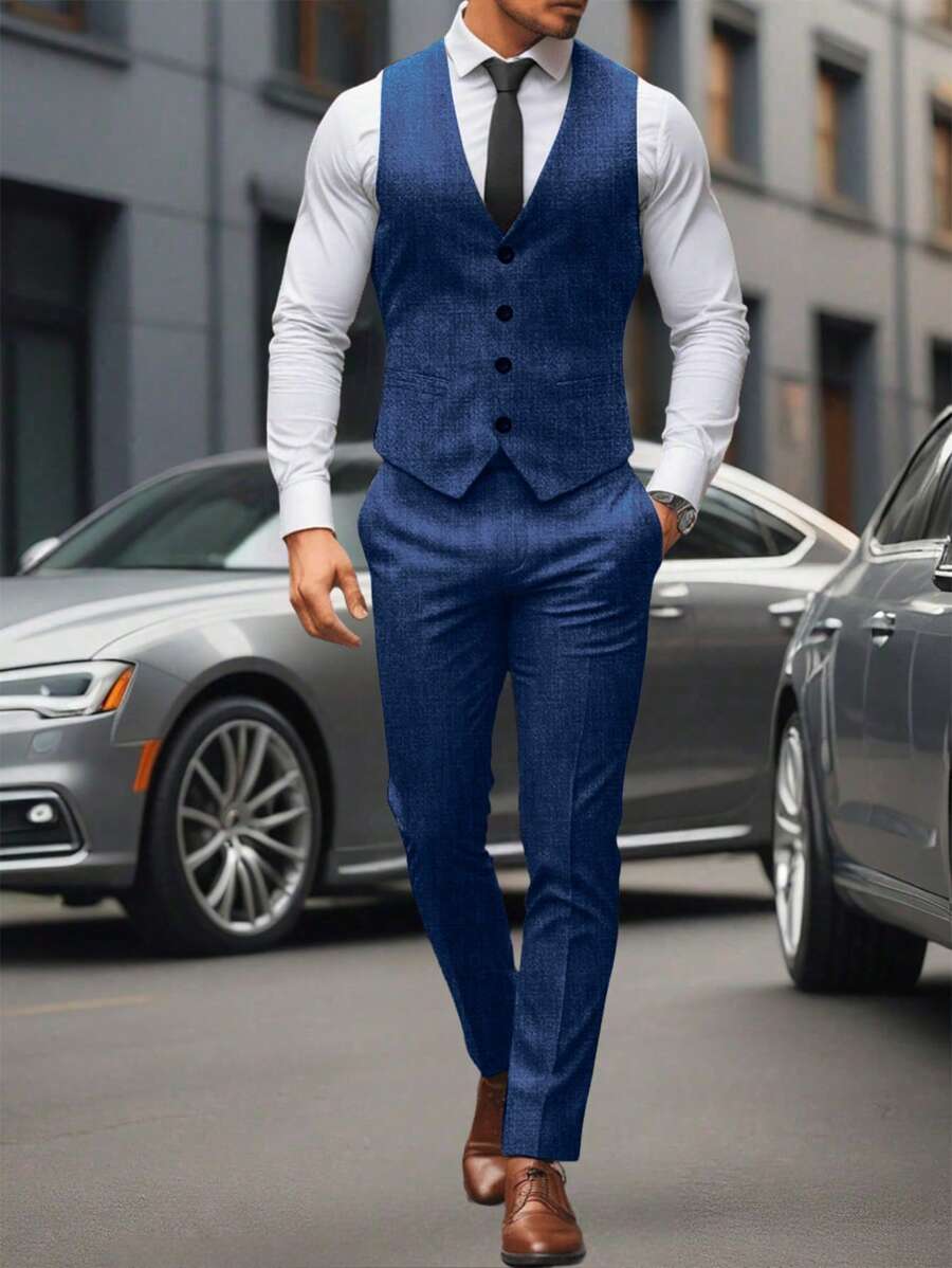 Mens Pant and Vest Set Woven Polyester V-Neck Sleeveless 2-Piece Formal – Galso