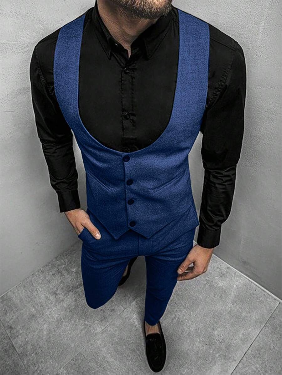 Mens Pant and Vest Set Woven Polyester V-Neck Sleeveless 2-Piece Formal – Galso