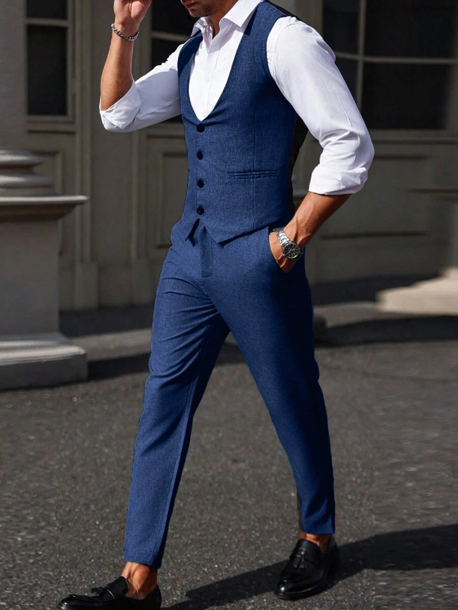 Mens Pant and Vest Set Woven Polyester V-Neck Sleeveless 2-Piece Formal – Galso