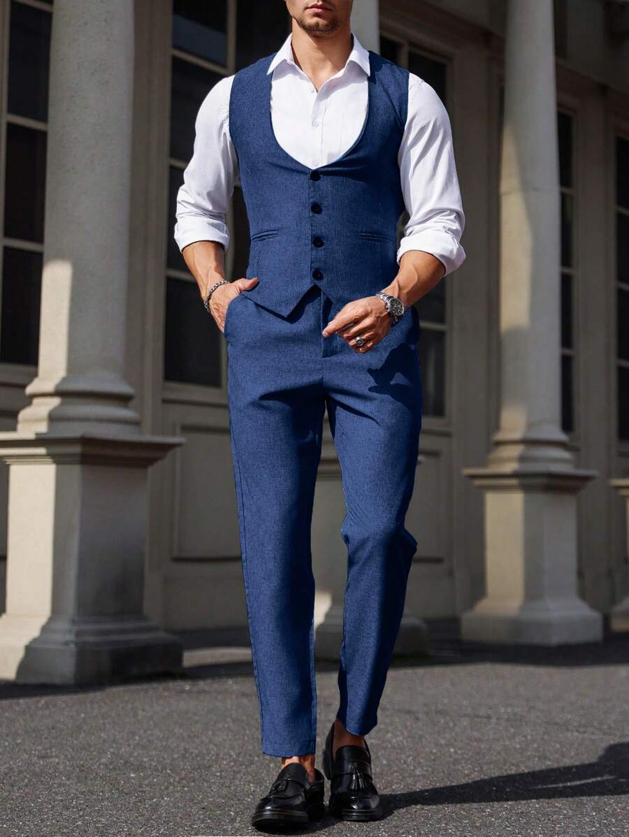 Mens Pant and Vest Set Woven Polyester V-Neck Sleeveless 2-Piece Formal – Galso