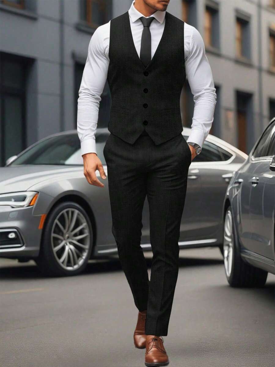 Mens Pant and Vest Set Woven Polyester V-Neck Sleeveless 2-Piece Formal – Galso
