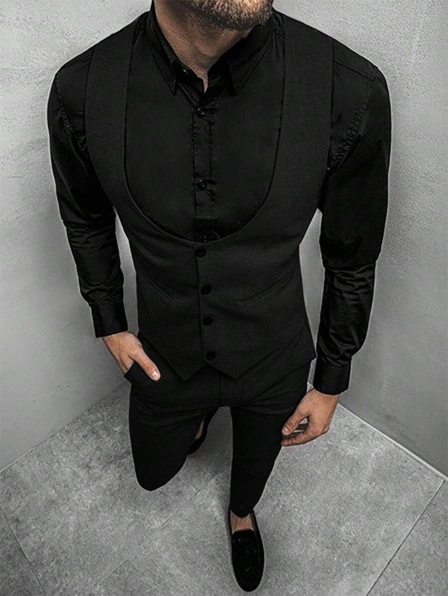 Mens Pant and Vest Set Woven Polyester V-Neck Sleeveless 2-Piece Formal – Galso