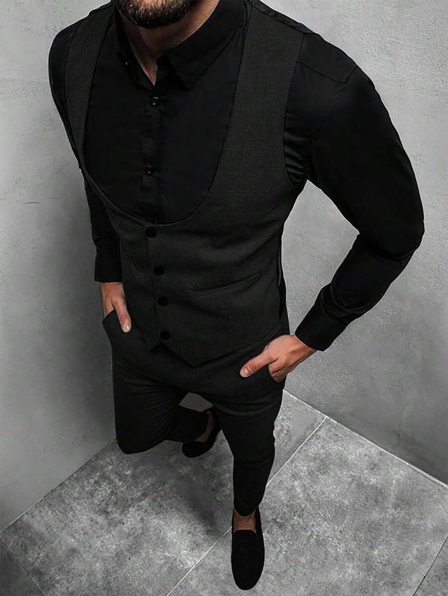 Mens Pant and Vest Set Woven Polyester V-Neck Sleeveless 2-Piece Formal – Galso