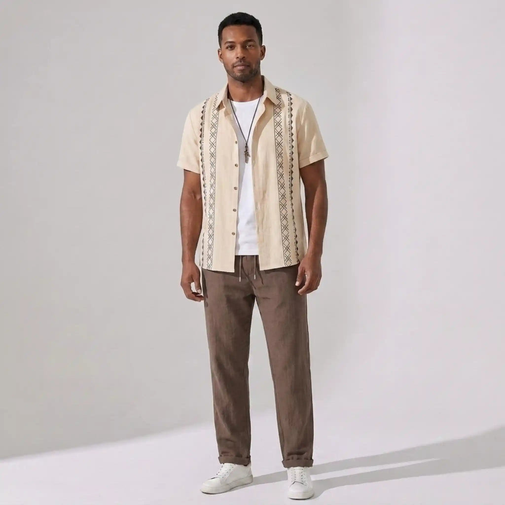 Beige geometric print cotton shirt and linen blend cropped pants 2-piece set – TARLANO