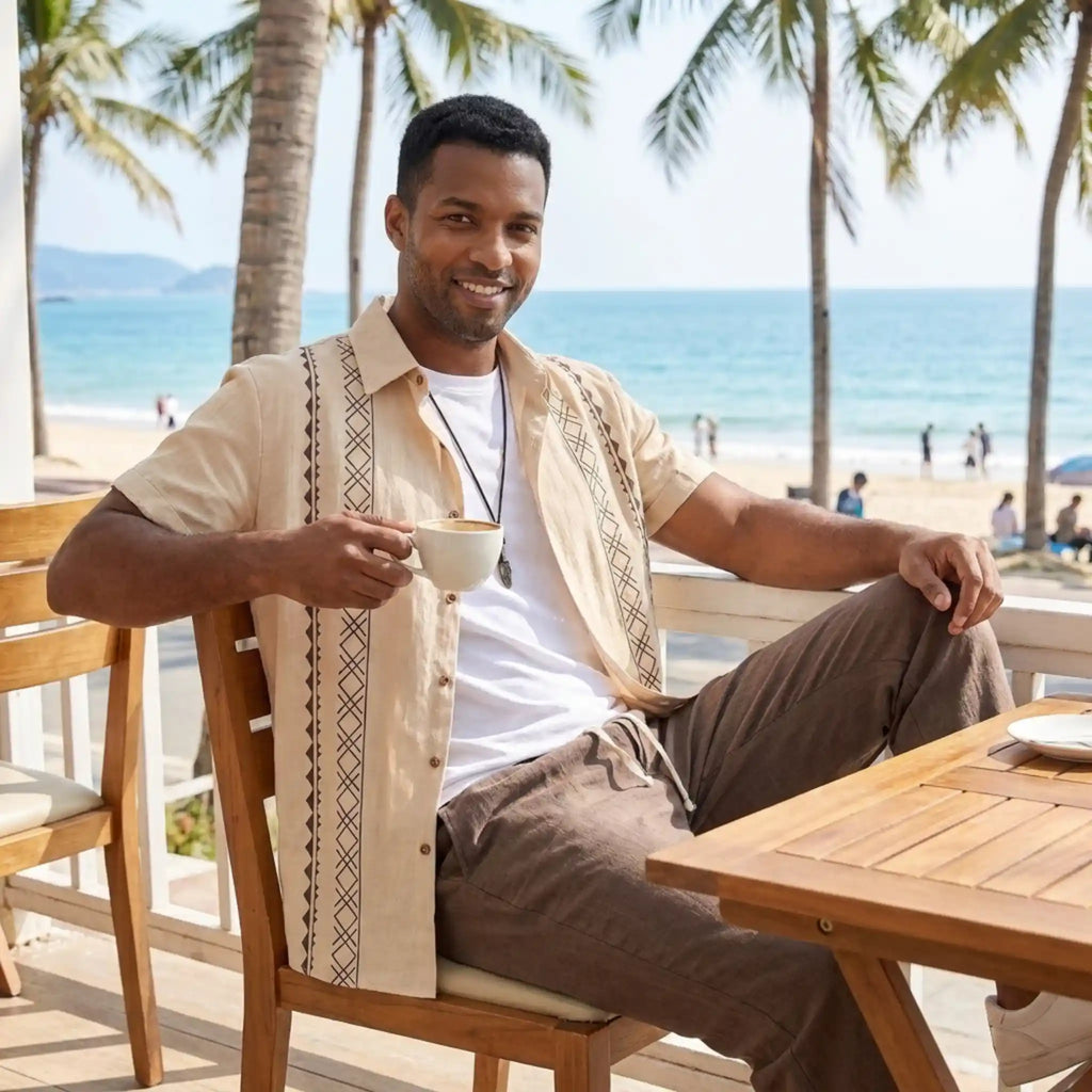 Mens Pant & Geometric Print Shirt Set Linen Blend Cropped Beige – Saxo