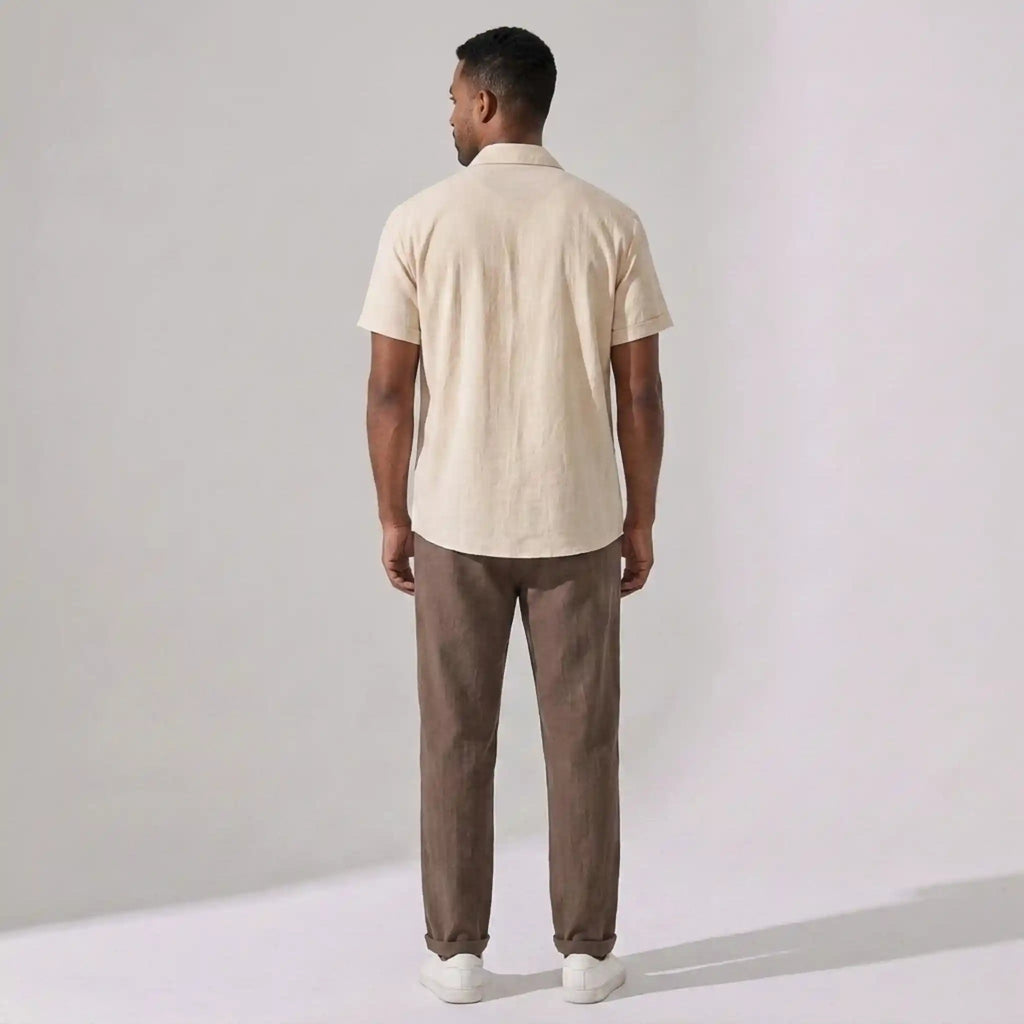 Mens Pant & Geometric Print Shirt Set Linen Blend Cropped Beige – Saxo