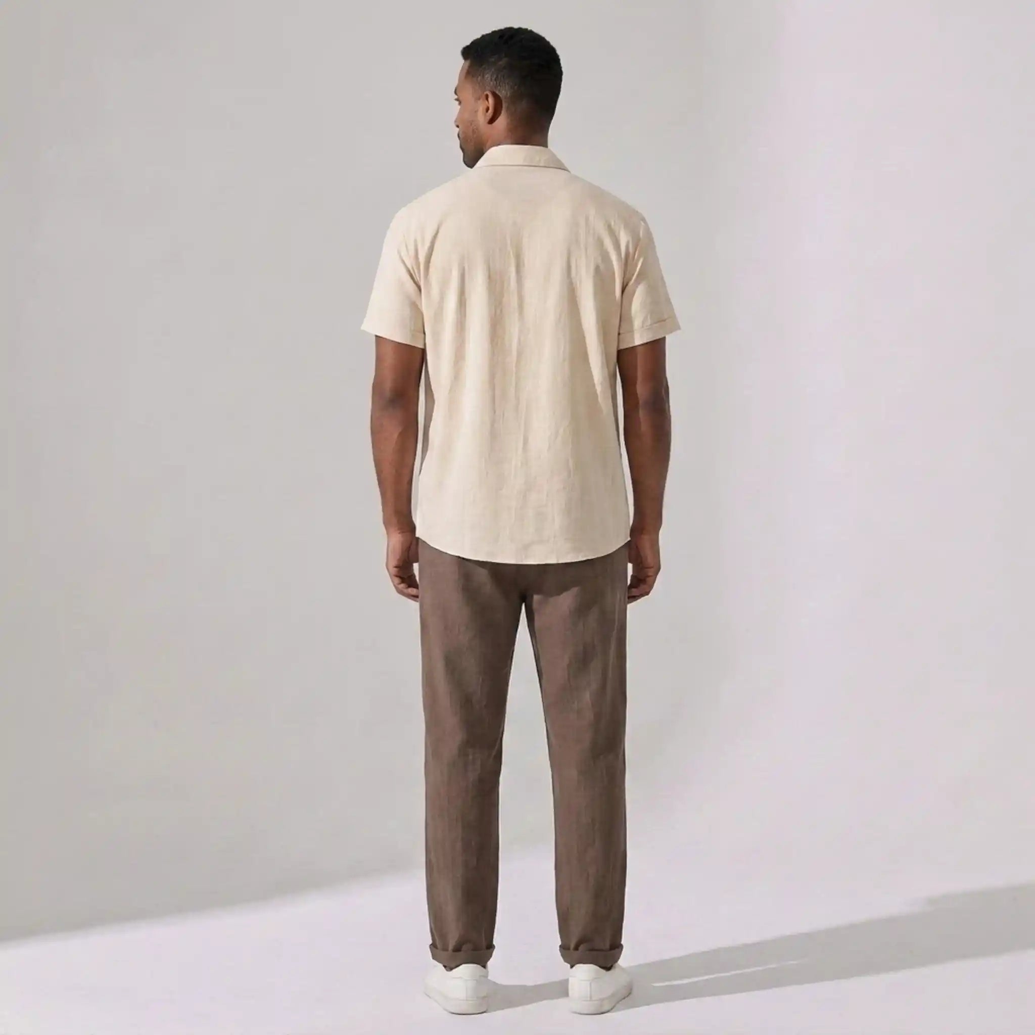 Mens Pant & Geometric Print Shirt Set Linen Blend Cropped Beige – Saxo