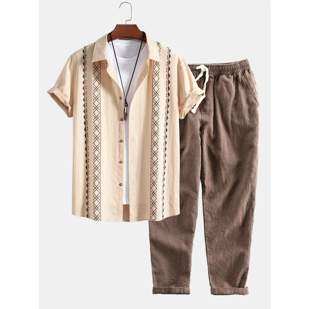Mens Pant & Geometric Print Shirt Set Linen Blend Cropped Beige – Saxo