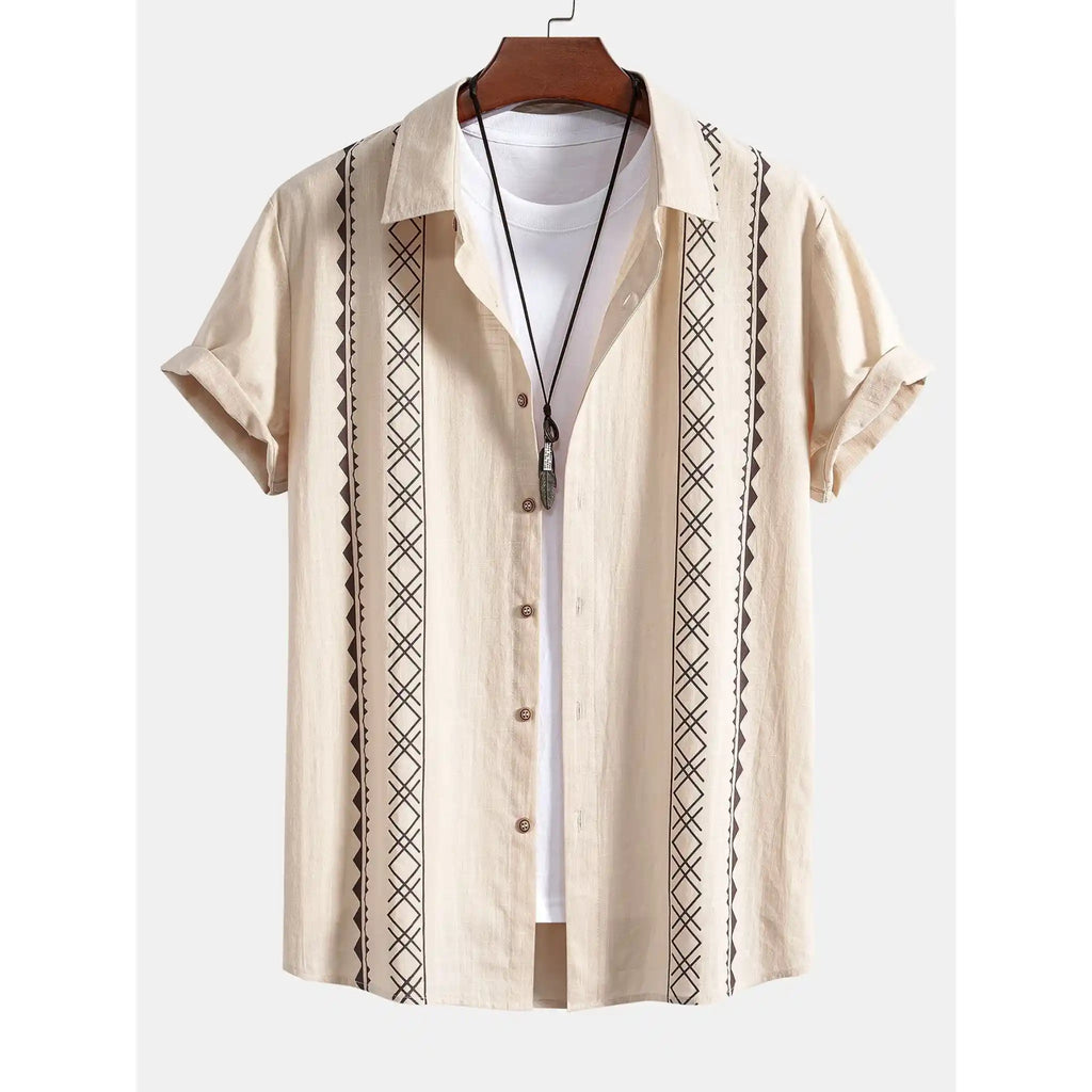 Mens Pant & Geometric Print Shirt Set Linen Blend Cropped Beige – Saxo