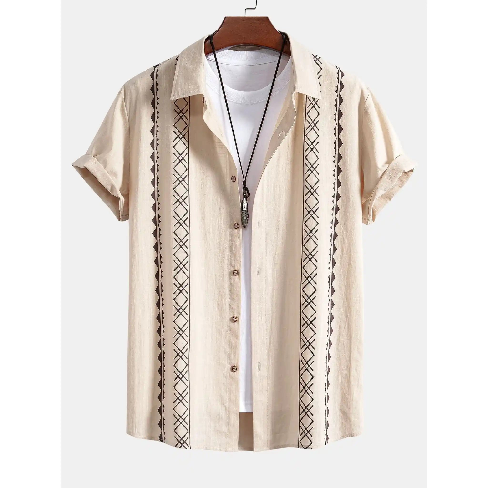 Mens Pant & Geometric Print Shirt Set Linen Blend Cropped Beige – Saxo