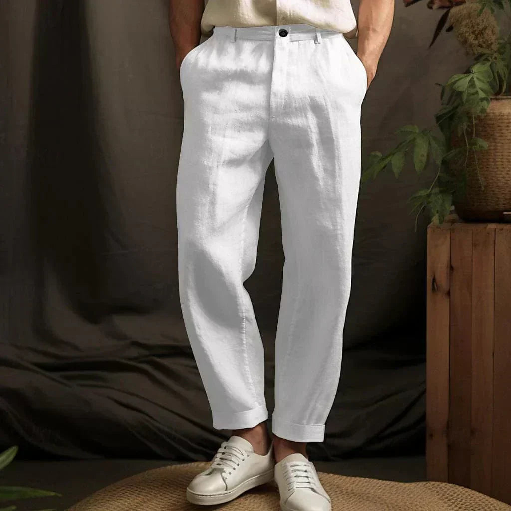 Model wearing linen-blend drawstring pants in beige – TARLANO