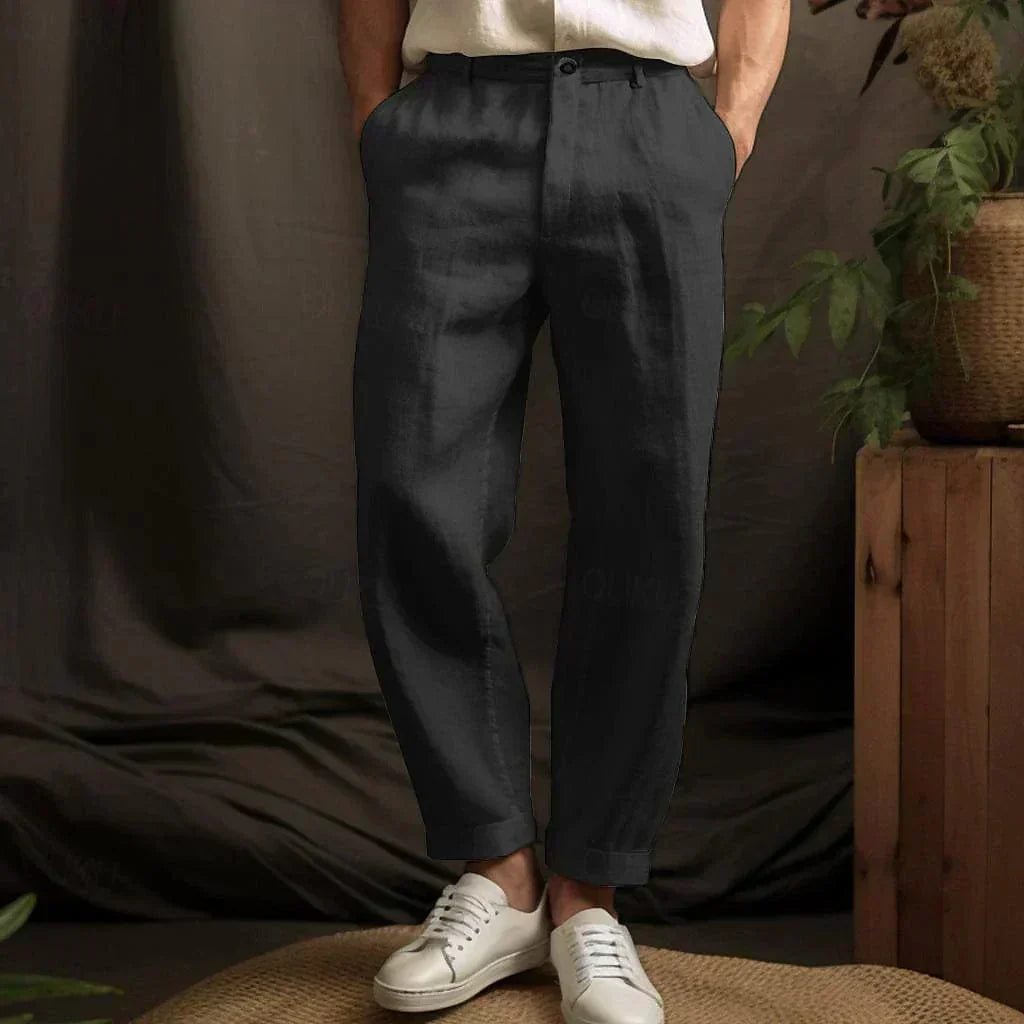 Mens Pant Linen Blend Drawstring Waist Tapered Ankle Length