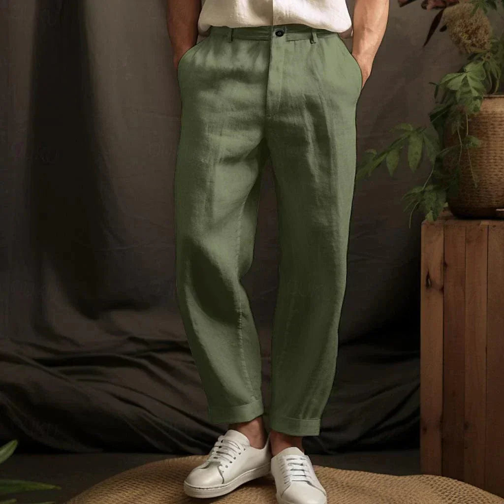 Mens Pant Linen Blend Drawstring Waist Tapered Ankle Length