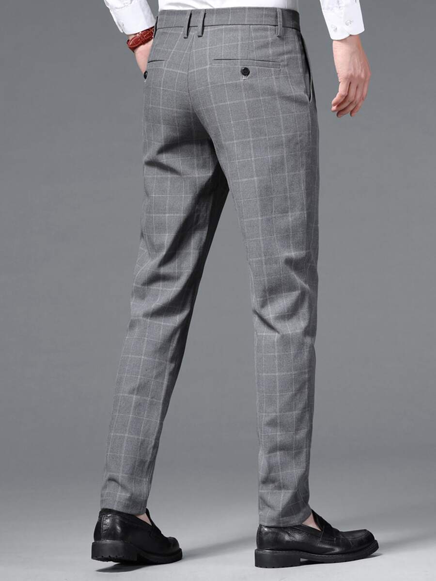 Model wearing grey plaid stretch dress trouser – TARLANO
