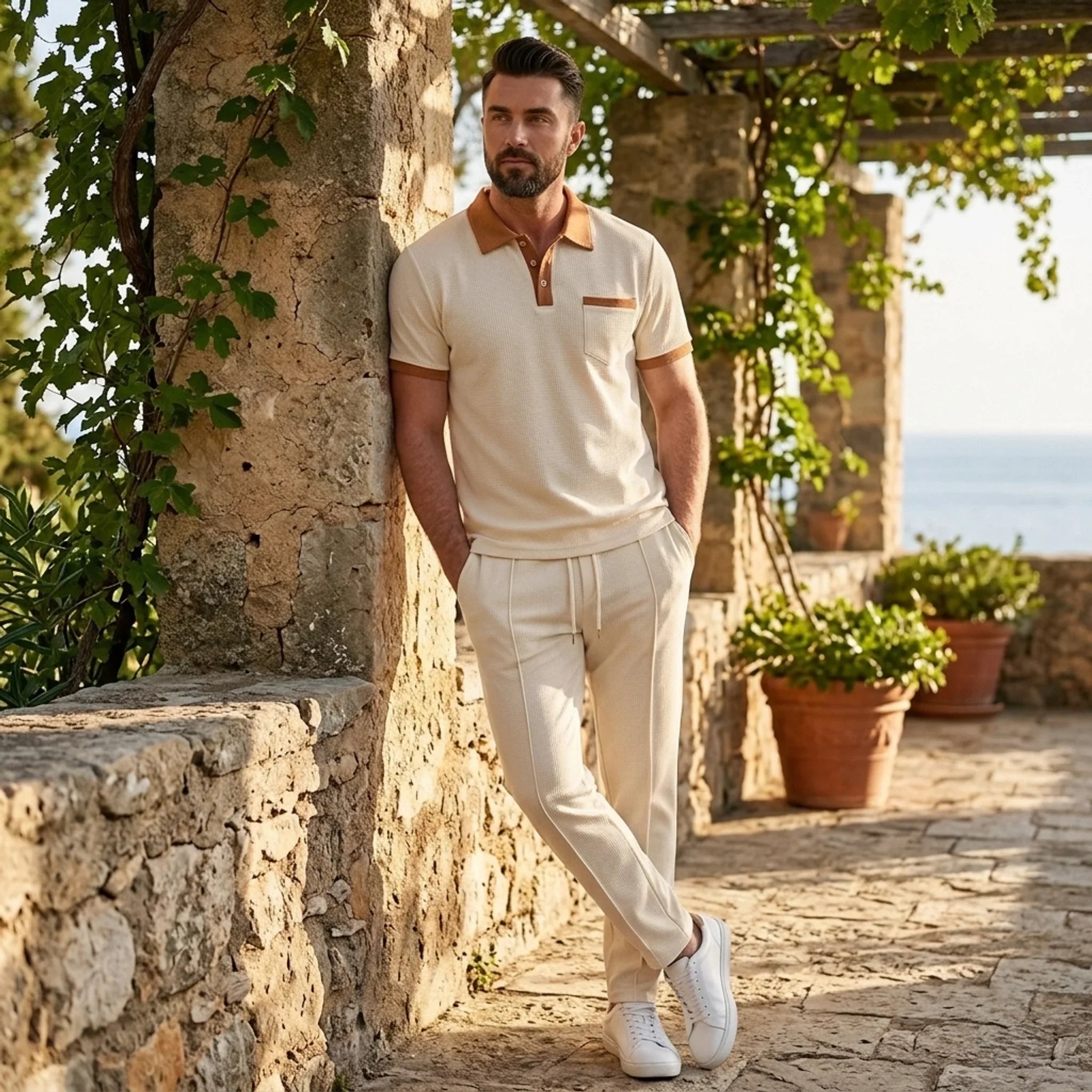 Mens Pant & Polo Waffle Knit 2-Piece Set Straight Leg – Taxo