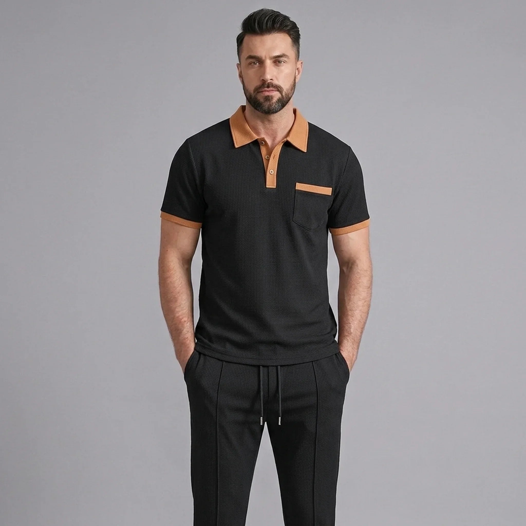 Mens Pant & Polo Waffle Knit 2-Piece Set Straight Leg – Taxo