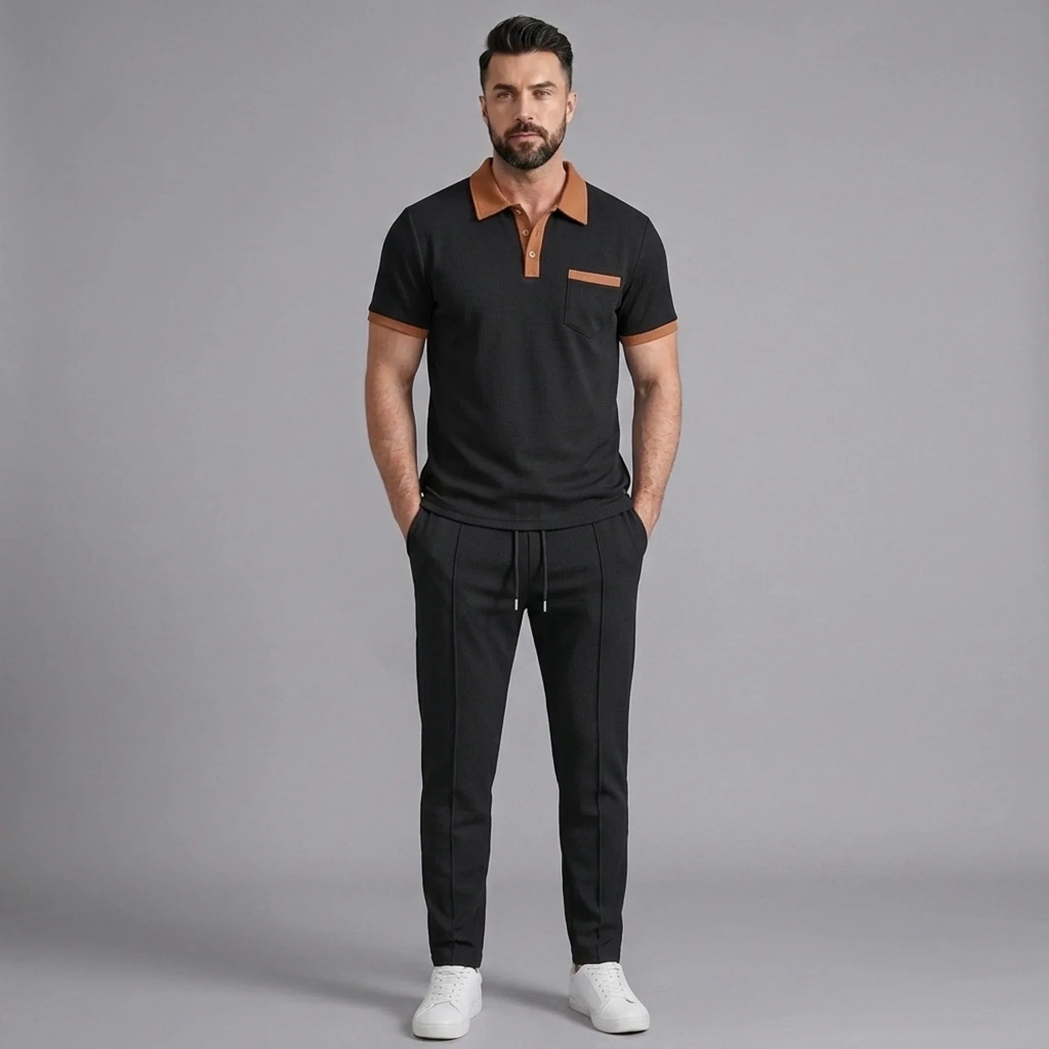 Mens Pant & Polo Waffle Knit 2-Piece Set Straight Leg – Taxo