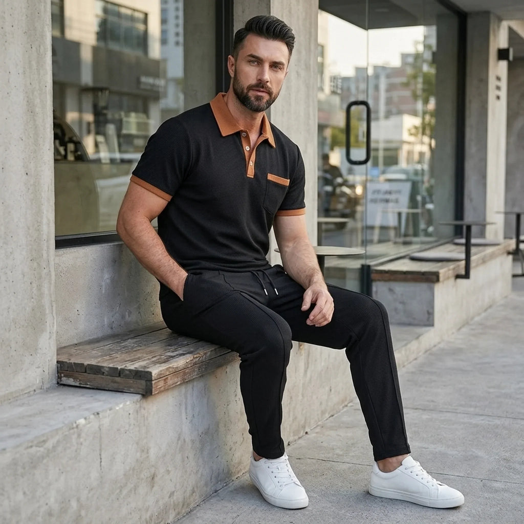 Mens Pant & Polo Waffle Knit 2-Piece Set Straight Leg – Taxo