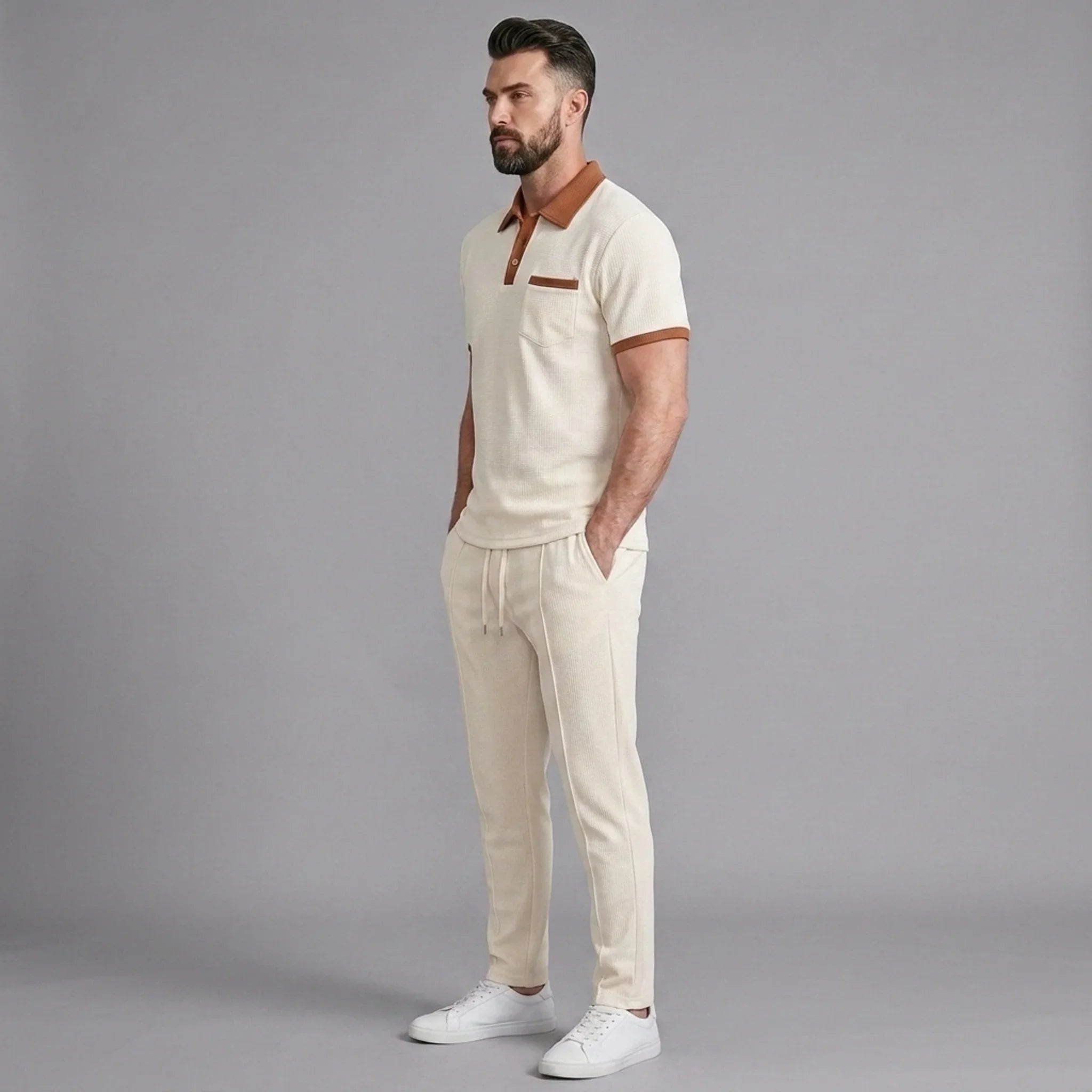 Mens Pant & Polo Waffle Knit 2-Piece Set Straight Leg – Taxo