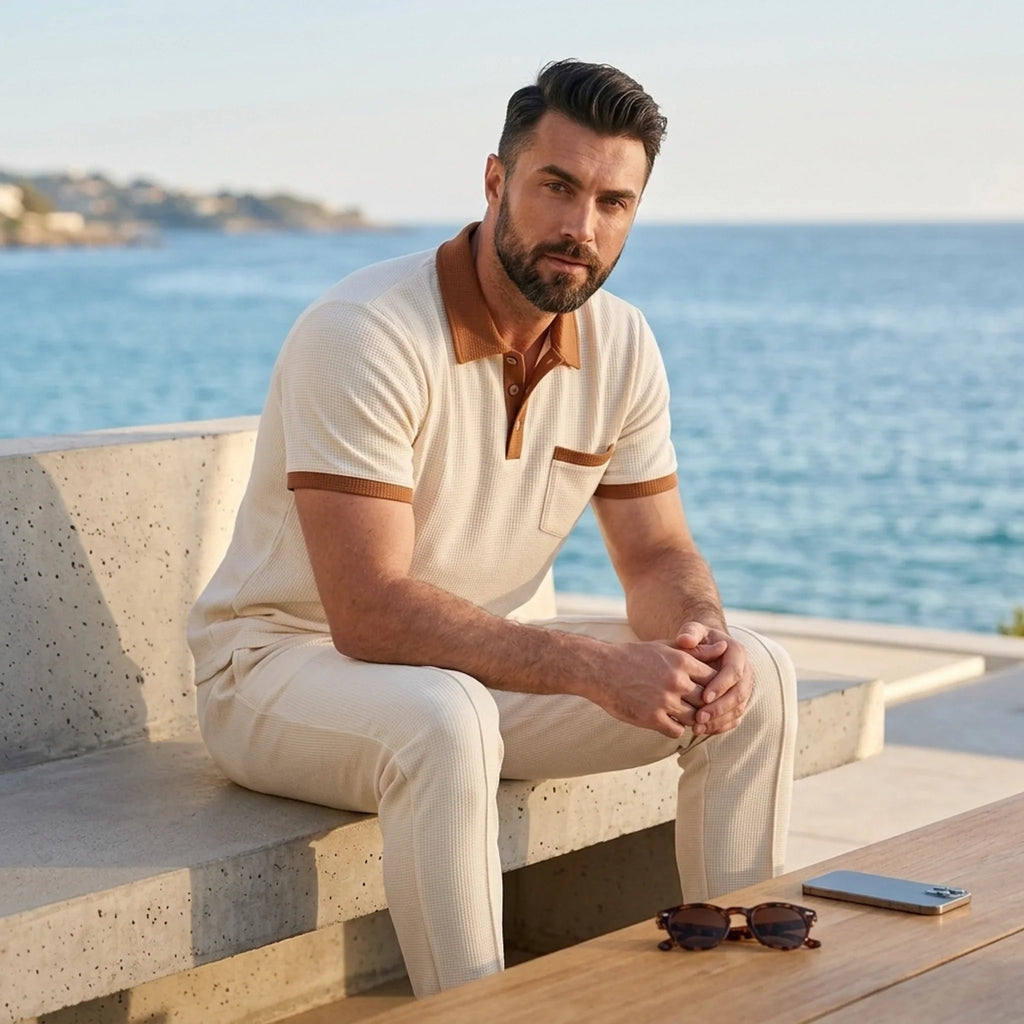 Mens Pant & Polo Waffle Knit 2-Piece Set Straight Leg – Taxo