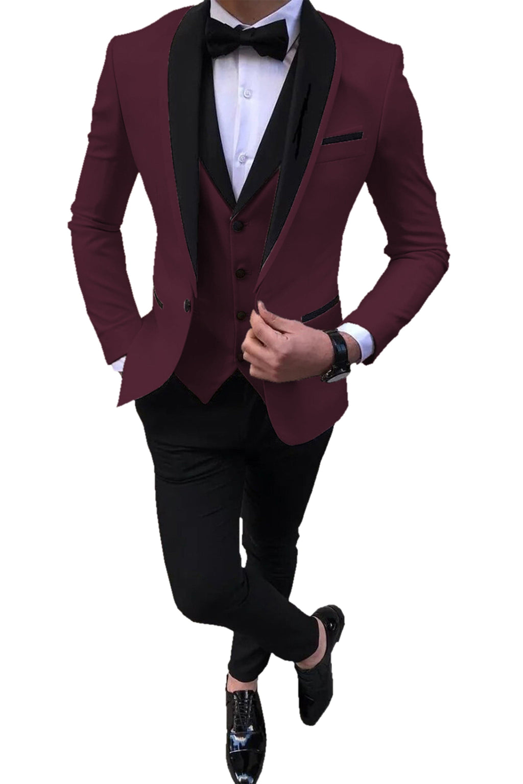 Model wearing slim-fit 3-piece shawl lapel suit in burgundy – TARLANO