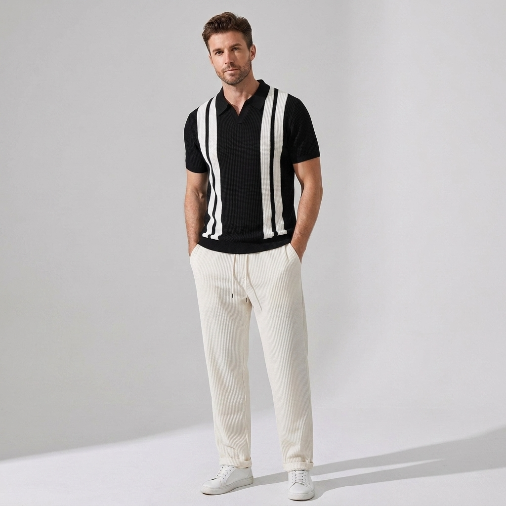 Mens Pant & Striped Knit Polo Set Waffle Drawstring – Vaxo