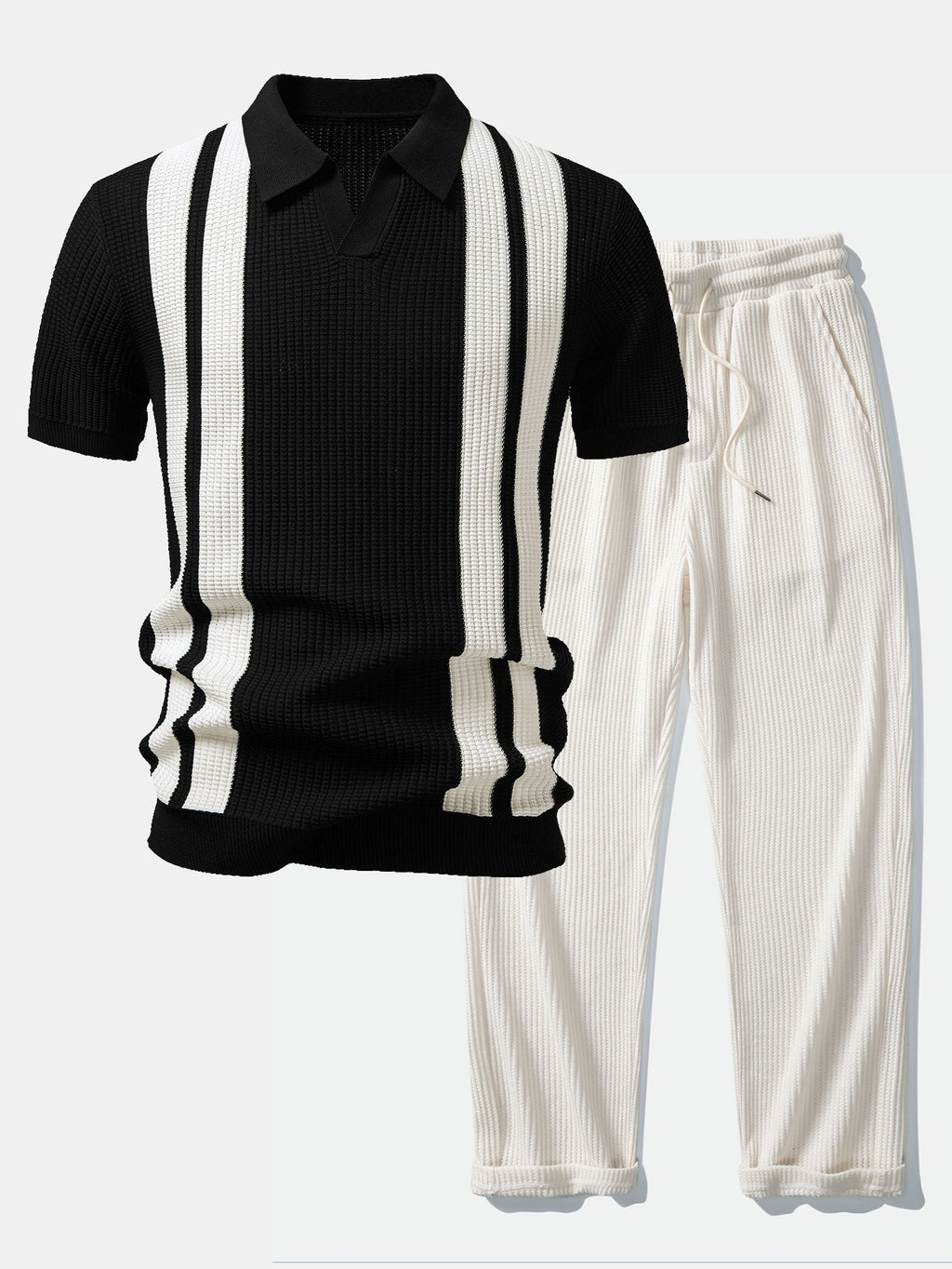 Mens Pant & Striped Knit Polo Set Waffle Drawstring – Vaxo