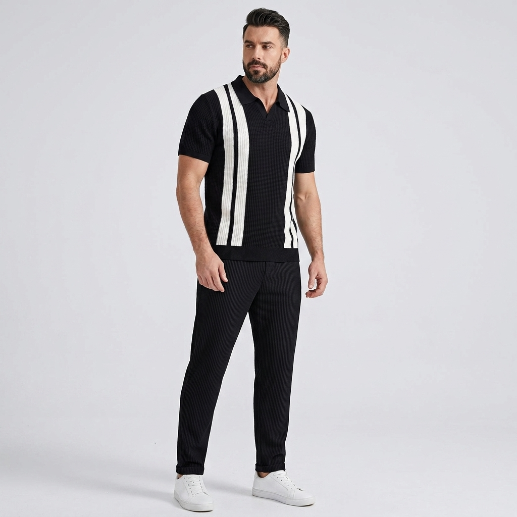 Mens Pant & Striped Knit Polo Set Waffle Drawstring – Vaxo