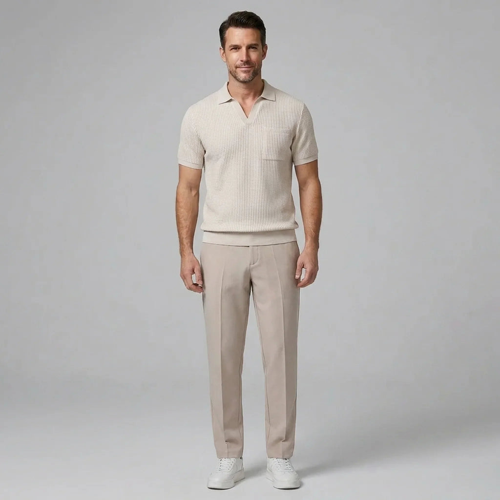 Waffle knit polo and slim tapered pant set in beige – TARLANO