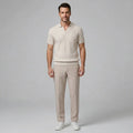 Waffle knit polo and slim tapered pant set in beige – TARLANO